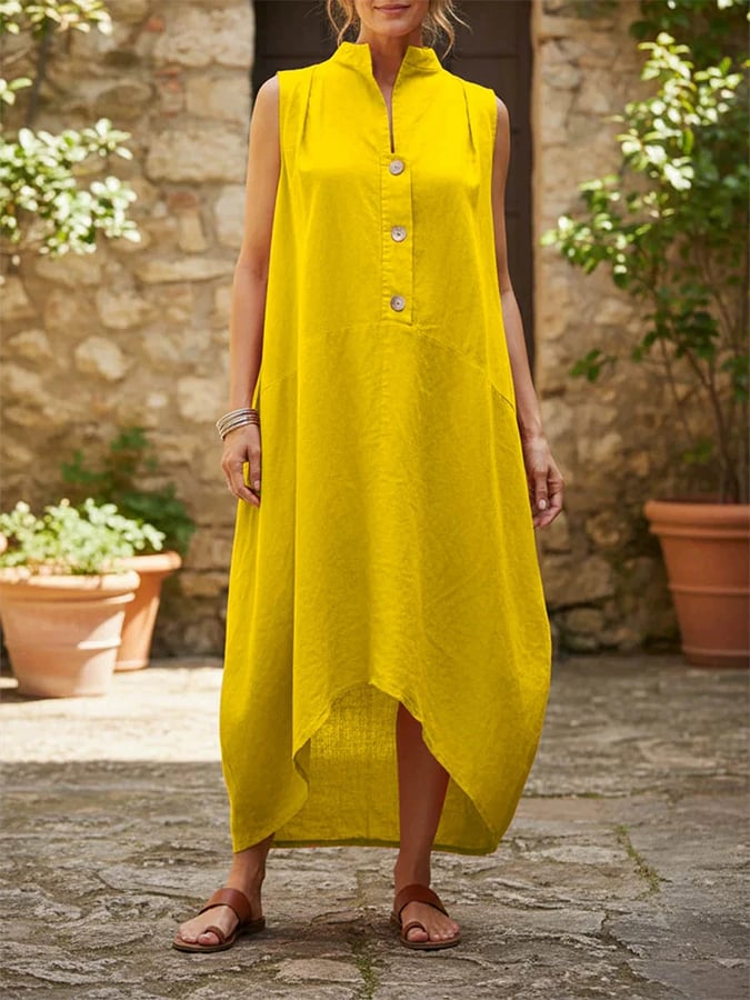 Women'S Stand-Collar Sleeveless Casual Loose Cotton And Linen Dress