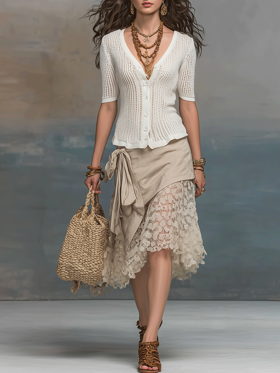 Chic Knit Cardigan & Lace Layered Midi Skirt Set