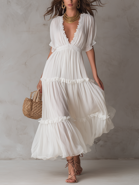 Graceful Pleated V-Neck Bohemian Maxi Dress