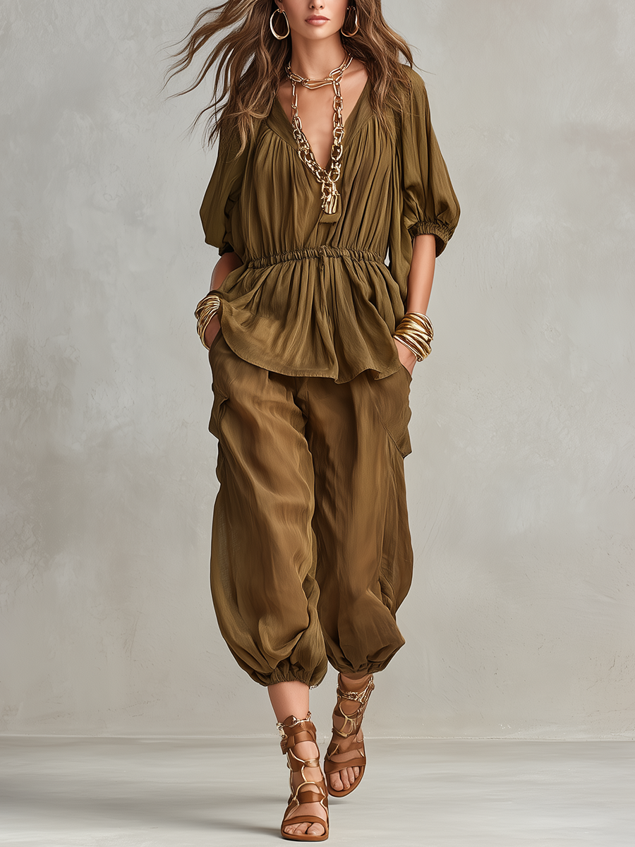 Relaxed Gathered Pants Set