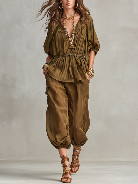 Relaxed Gathered Pants Set
