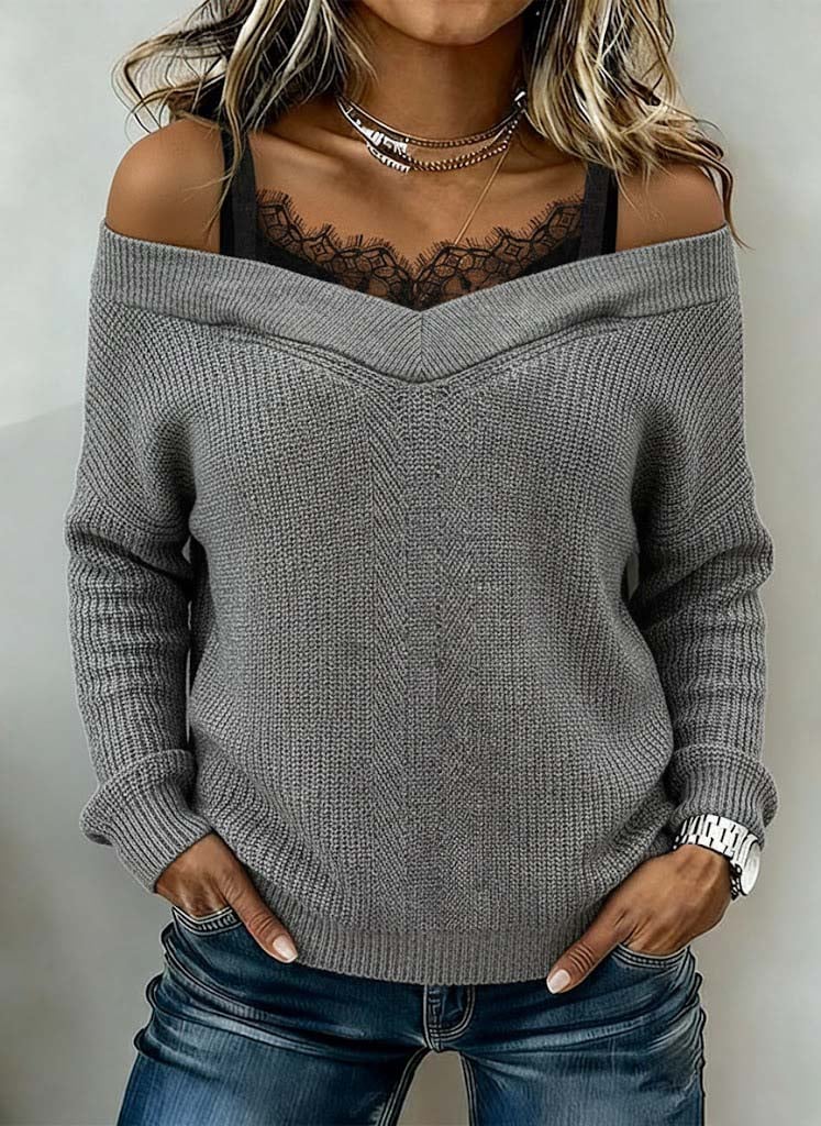 Women's Casual Patchwork Lace Off-the-shoulder Pullover Sweater