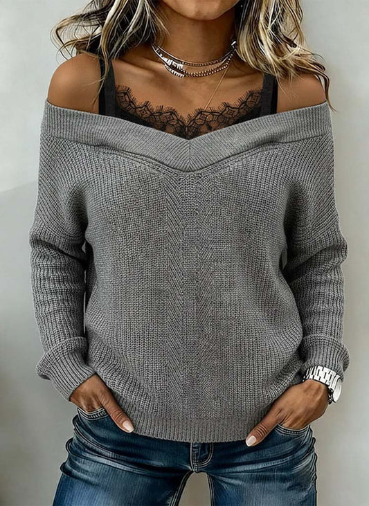 Women's Casual Patchwork Lace Off-the-shoulder Pullover Sweater