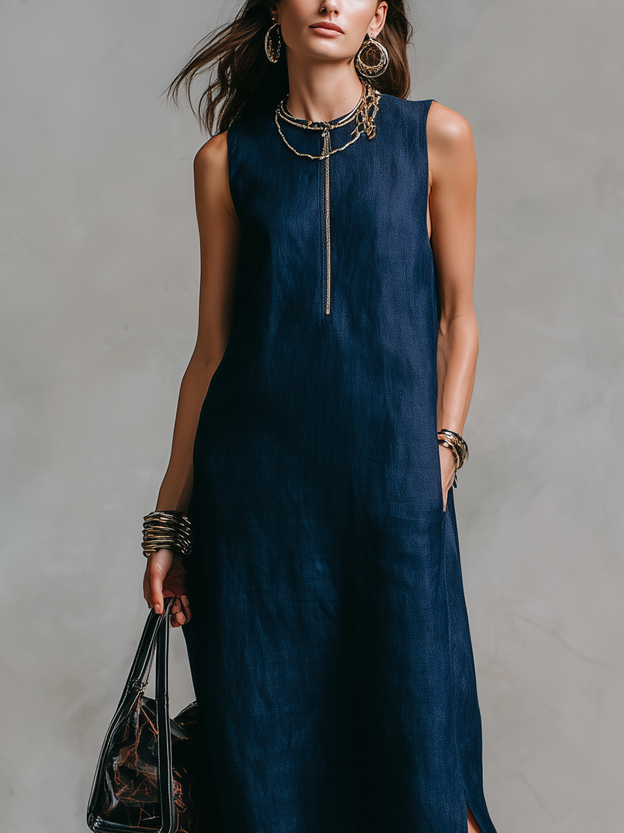 Casual Midnight Blue Zipper Linen Maxi Dress