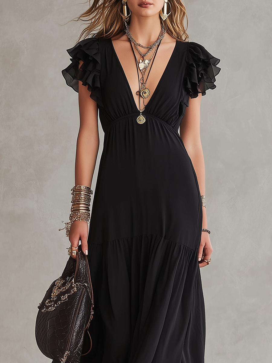 Bohemian Black Ruffled Sleeve Long Dress