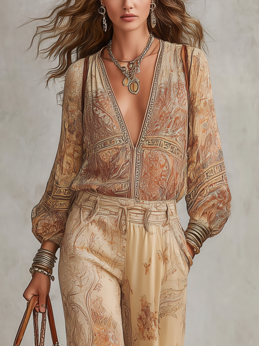 Exquisite Retro Print Wide Leg Pants Set