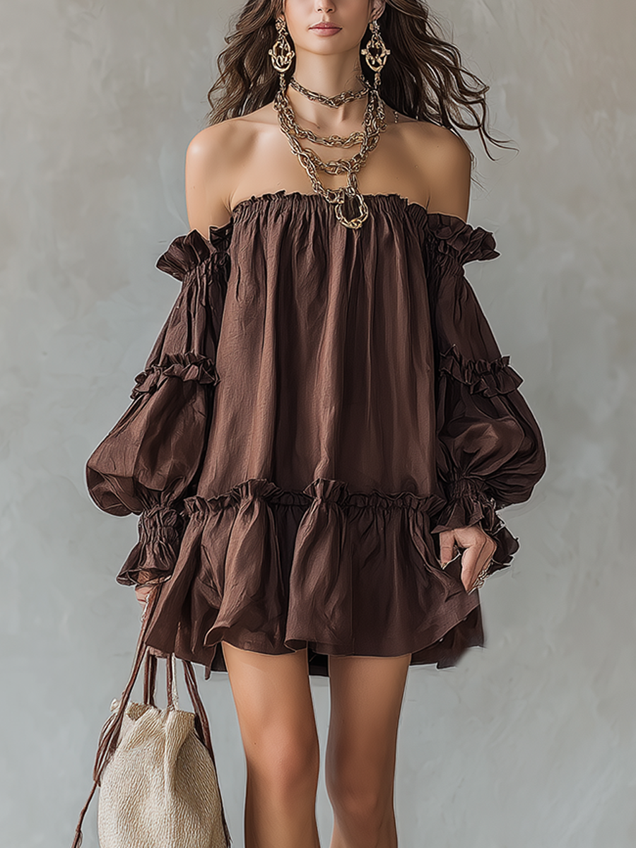 Bohemian Brown Off The Shoulder Ruffle Dress