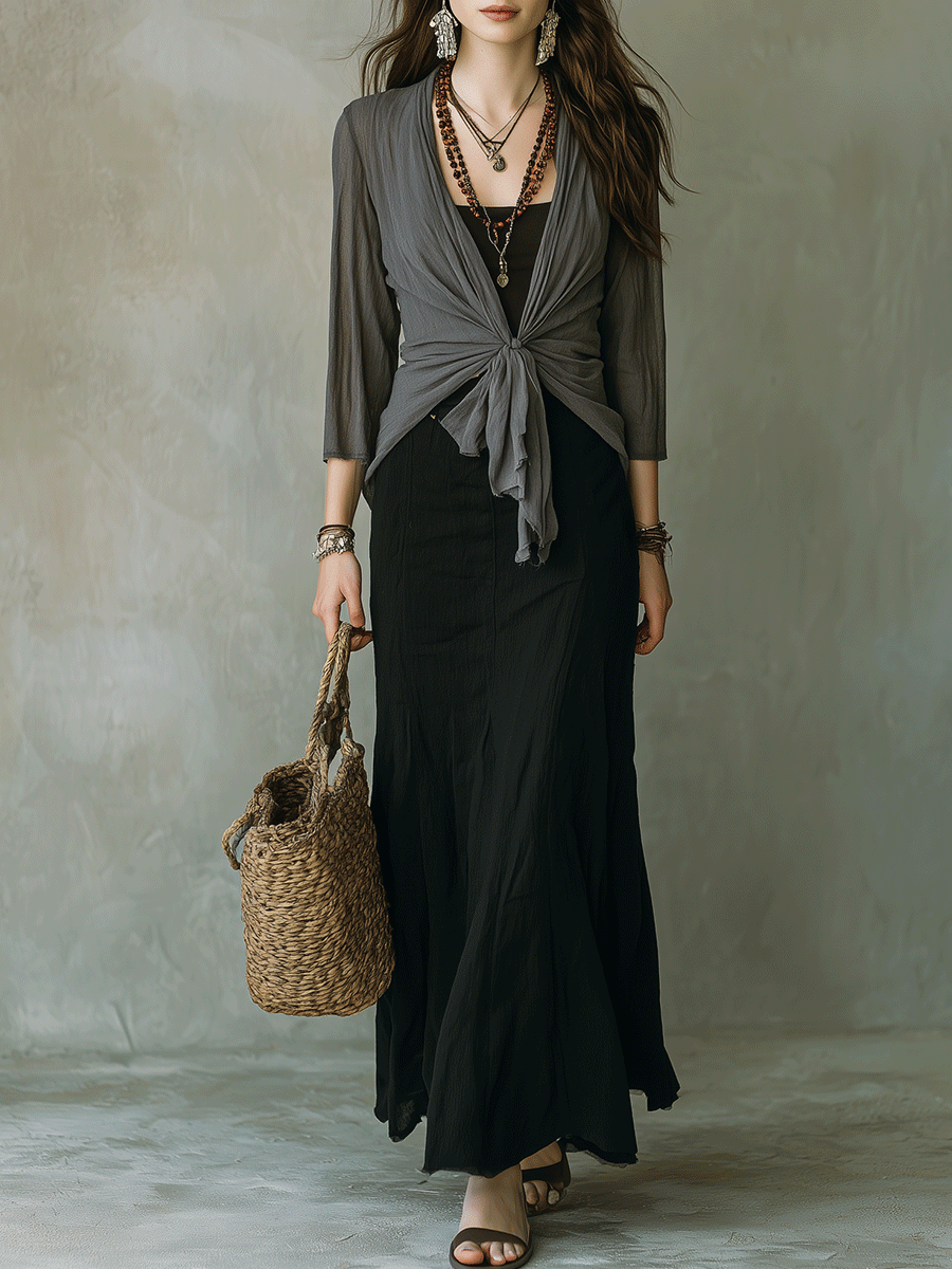 Chic Draped Cardigan & Black Maxi Dress Ensemble