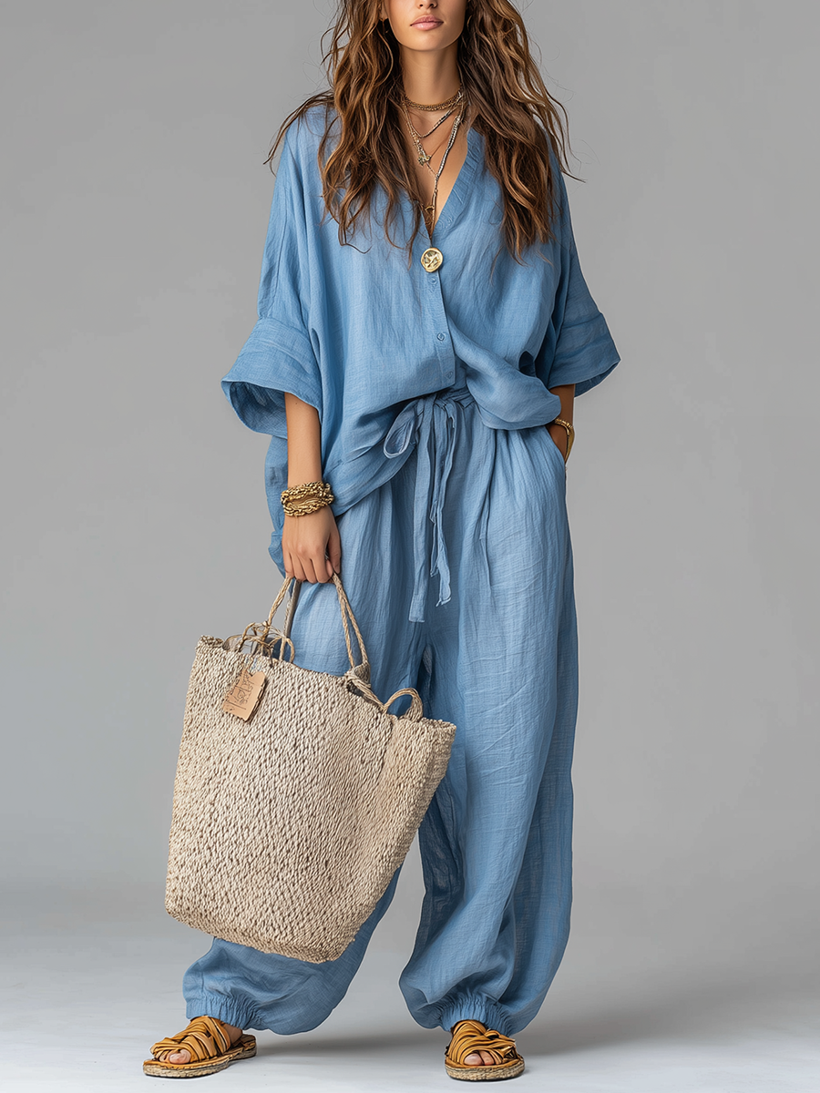 Airy Lake Blue Oversized Shirt & Tie-Waist Wide-Leg Pant  Set