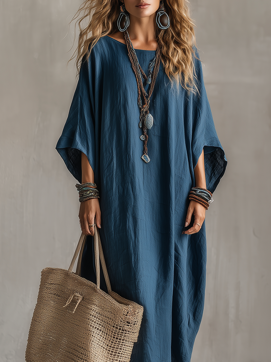 Deep Sea Blue Bohemian Style Kaftan Maxi Dress