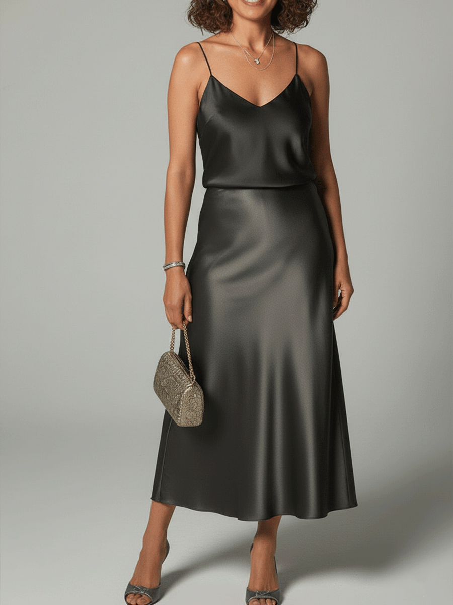 Elegant Sequin Off-Shoulder Top & Satin Midi Dress Set