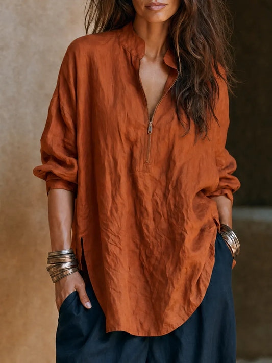 Women Autumn Thick Premium Cotton Linen Oversized Tunic Top Stand Collar Half Zip Long Sleeve Side Split Pocket Loose Fall Casual Blouse