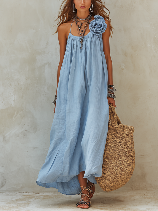 Resort Style Floral Decorated Sky Blue Linen Dress