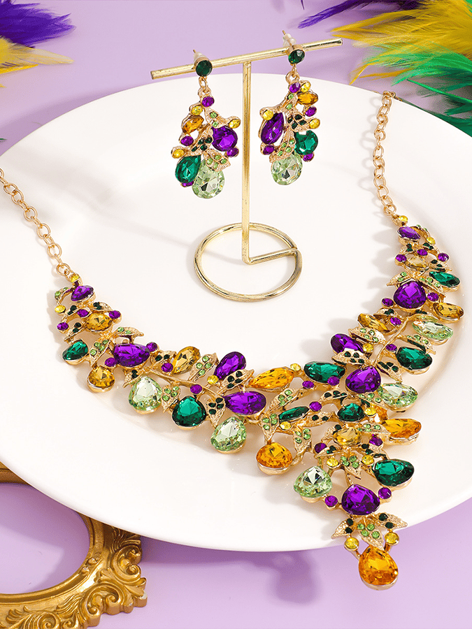 Mardi Gras Carnival Necklace And Earrings Set With Three-Color Rhinestones, Party Jewelry Set.