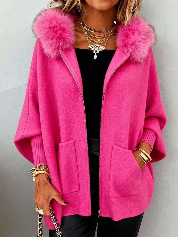 Women'S Casual Loose Hooded Fur Collar Cardigan Jacket