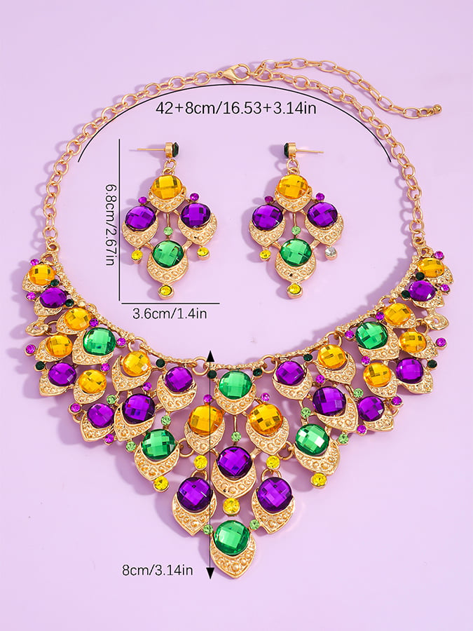 Mardi Gras Carnival Necklace And Earrings Set With Three-Color Rhinestones, Party Jewelry Set.
