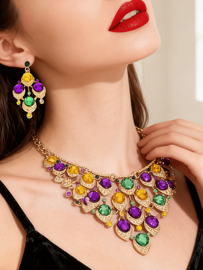 Mardi Gras Carnival Necklace And Earrings Set With Three-Color Rhinestones, Party Jewelry Set.