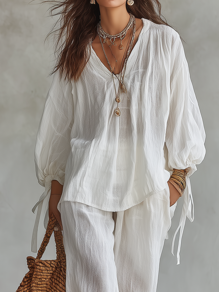 Relaxed White Textured V-Neck Top & Soft Pants Set