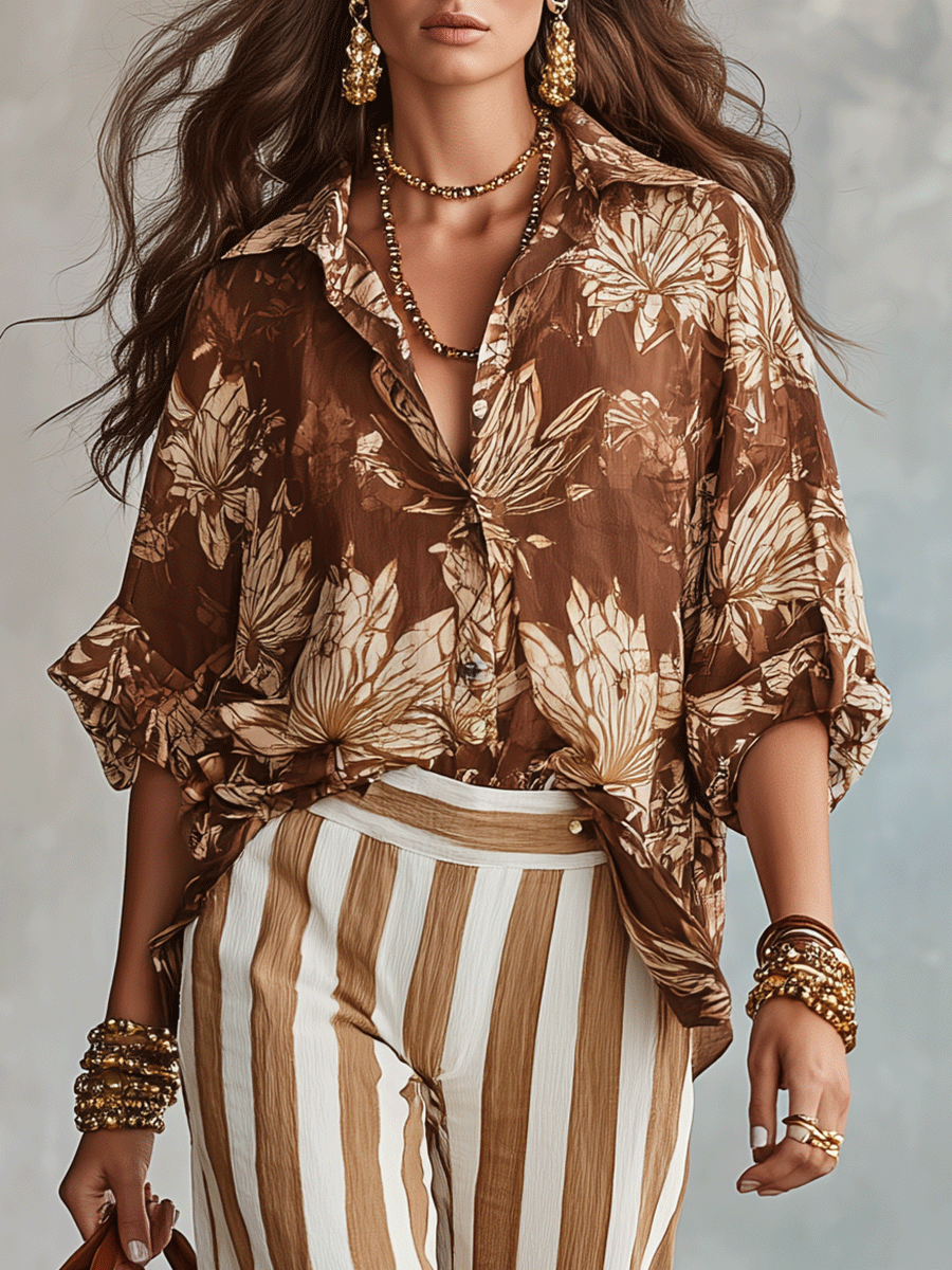Bohemian Floral Shirt & Striped Wide-Leg Pants Set