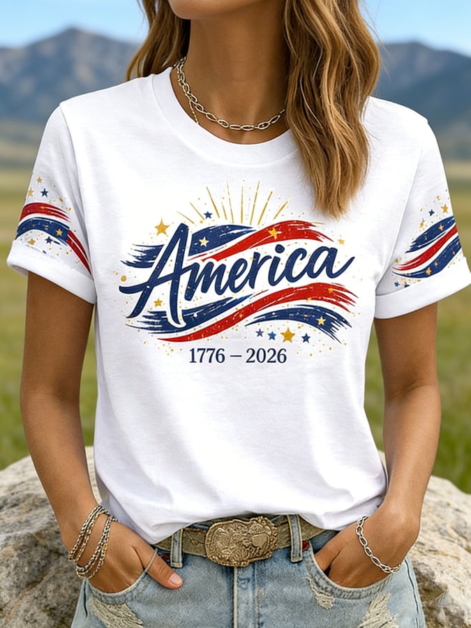 Women'S Casual Short-Sleeved T-Shirt With American 250th Anniversary Commemorative Print And Round Neckline.