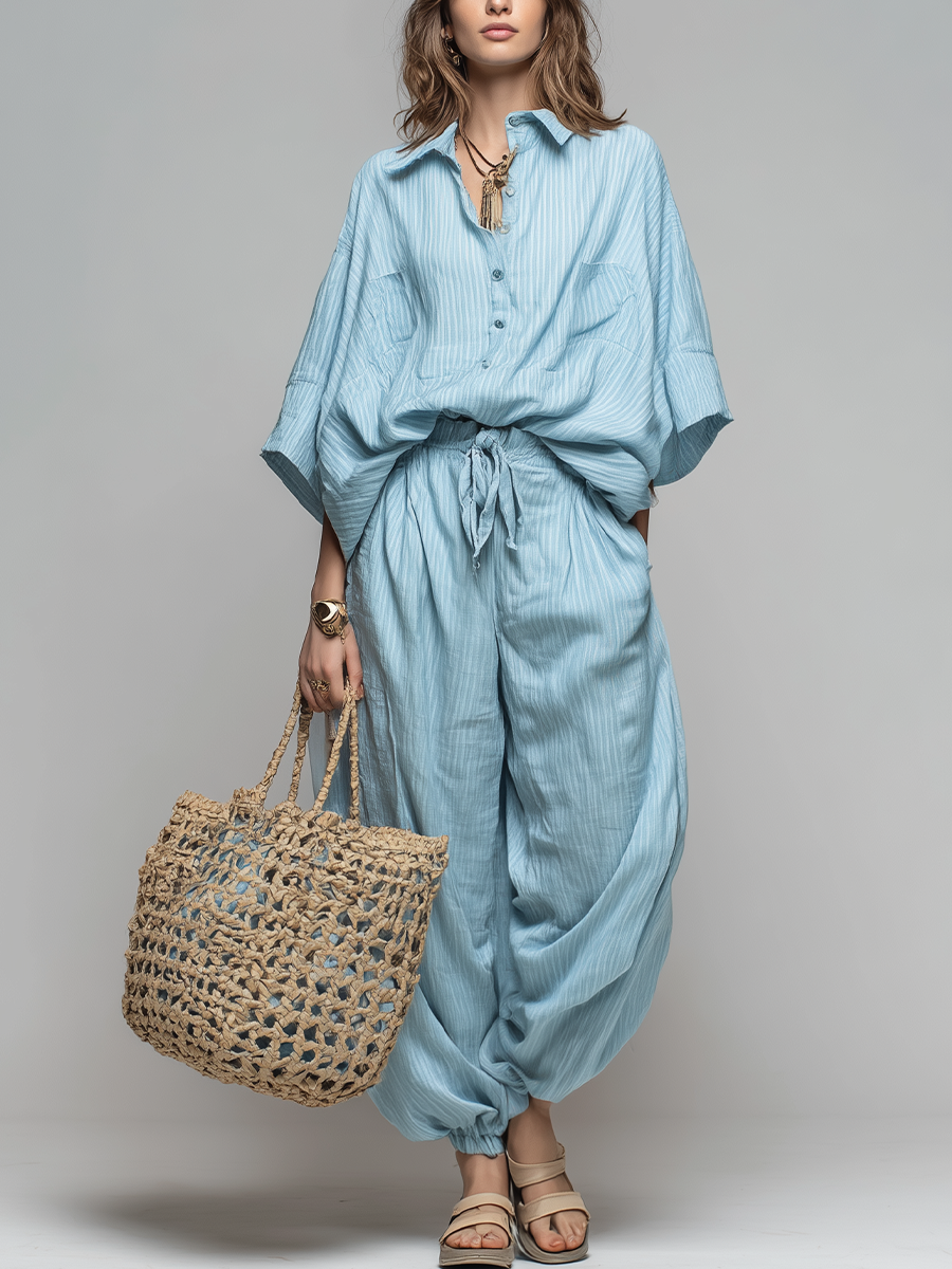 Relaxed Light Blue Striped Shirt & Drawstring Harem Pant Two-Piece Set