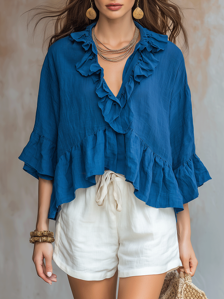 Soft Ruffled V-Neck Bohemian-Style Cotton And Linen Shirt And Basic White Shorts