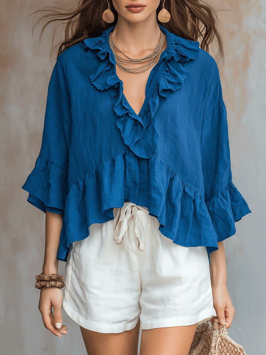 Soft Ruffled V-Neck Bohemian-Style Cotton And Linen Shirt And Basic White Shorts