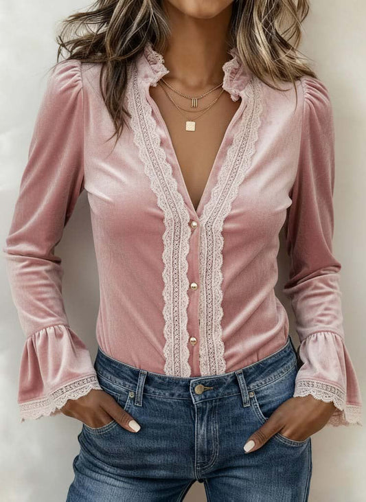 Women's Casual Velvet Paneled Lace V-Neck Button-Up Shirt
