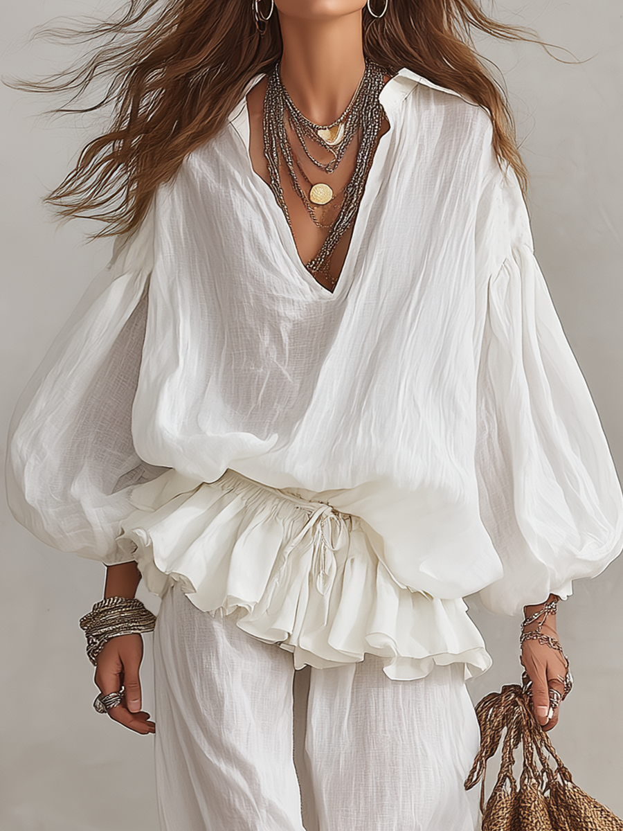 Romantic White Ruffled-Waist Blouse & Pants Set