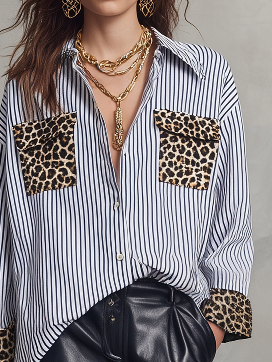 Refined Striped Shirt With Leopard Patch Pockets