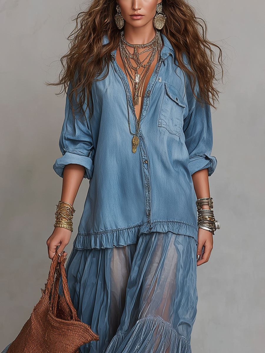 Bohemian Blue Denim Patchwork Organza Dress