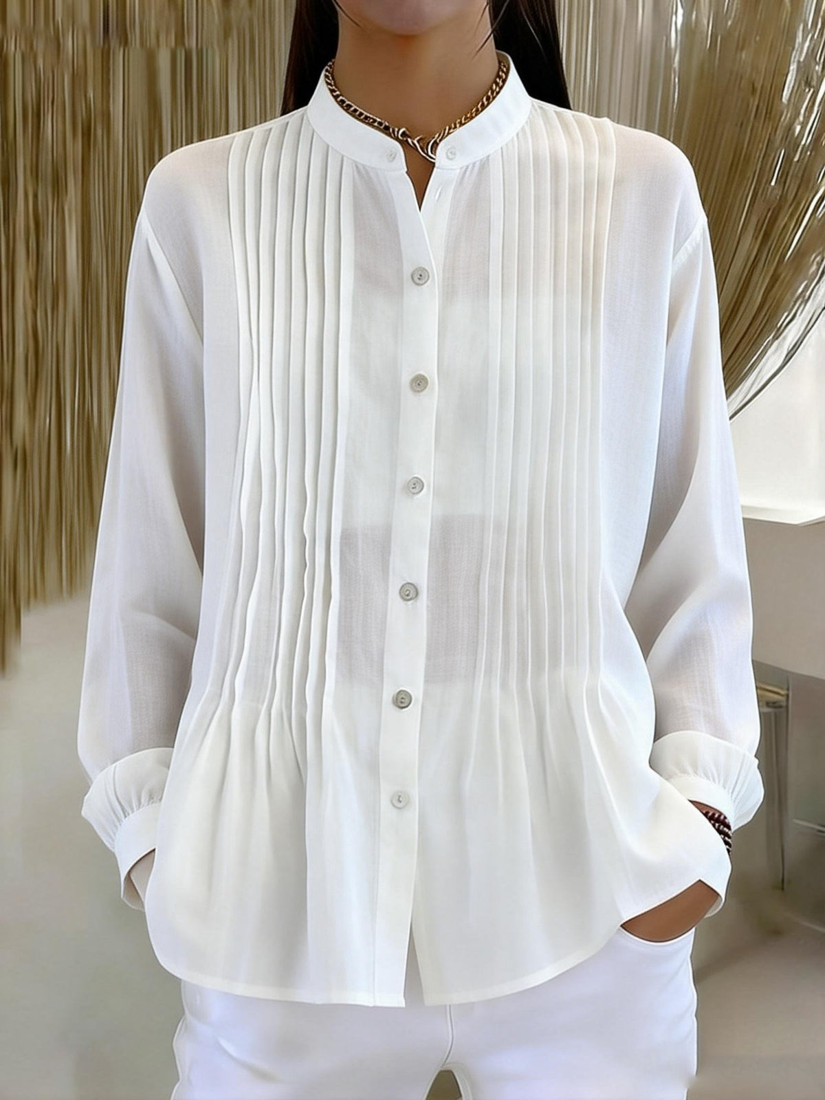 Women's casual retro pleated solid color shirt