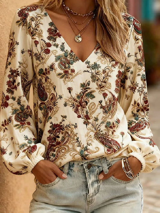 Women's Casual Western Floral V-Neck Shirt