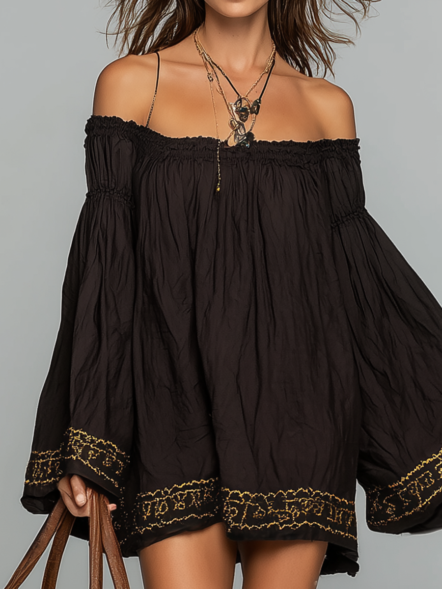 Bohemian Embroidered Off-Shoulder Mini Dress