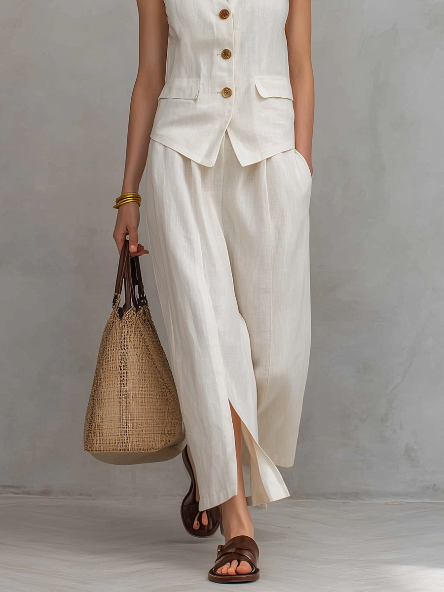 Elegant Button Down Linen Vest And Trousers Set