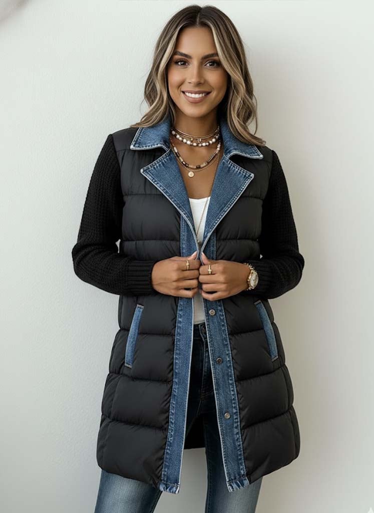 Women's Casual Knit Paneled Denim Cotton-Padded Coat