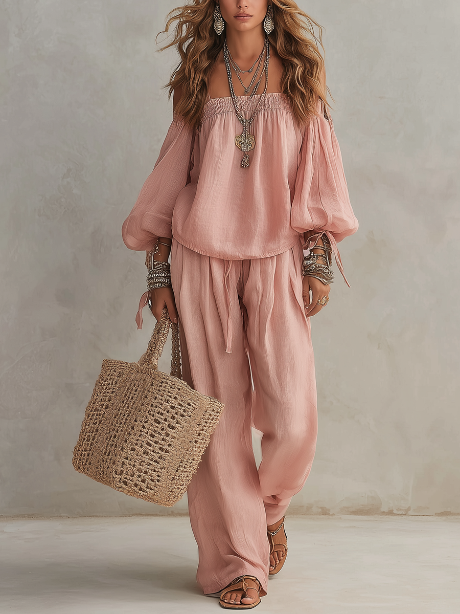 Vacation Style Soft Cotton Linen Pink Set With Lantern Sleeves