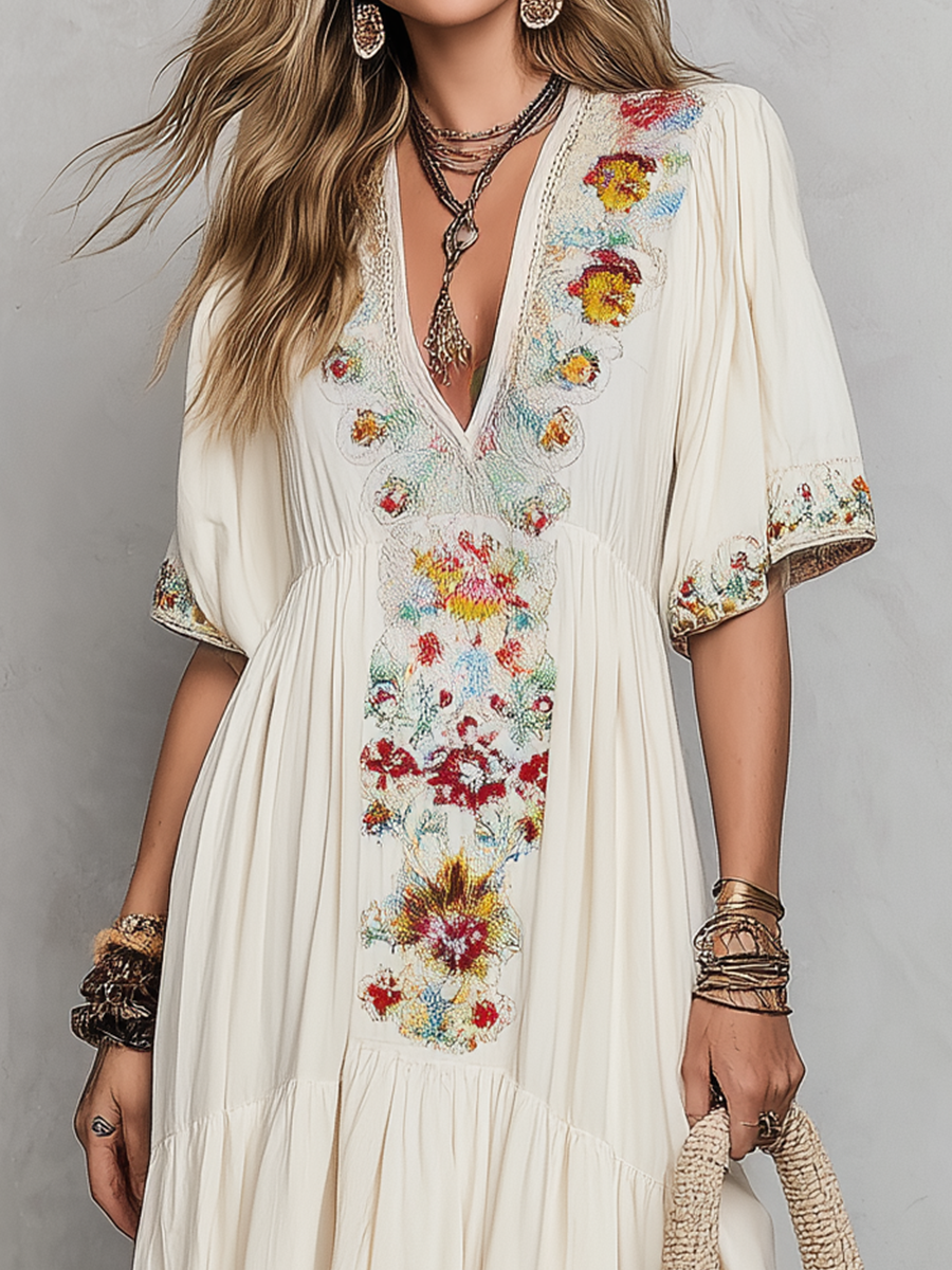 Colorful Floral Embroidered V-Neck Tiered Maxi Dress