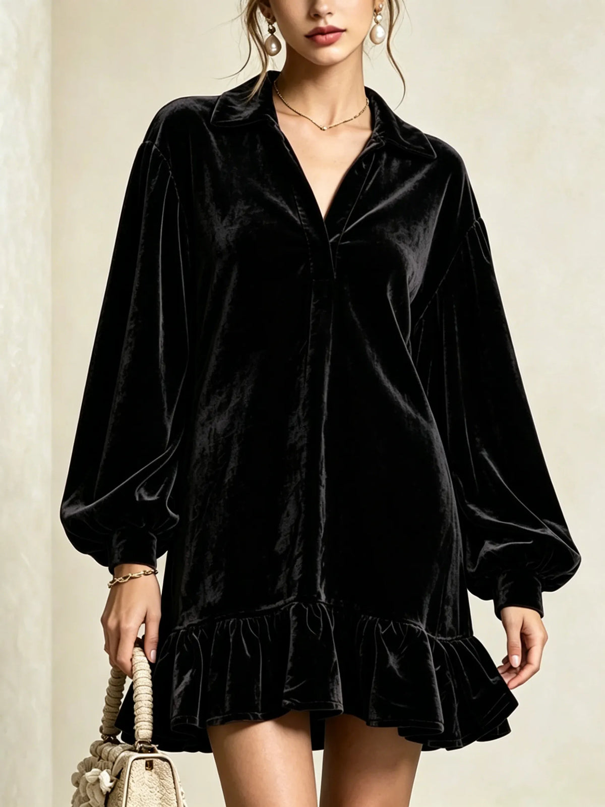 Velvet Loose-fit Mini Dress Featuring A Lapel Collar, Partial Button Placket, Lantern Sleeves, And A Ruffled Hem