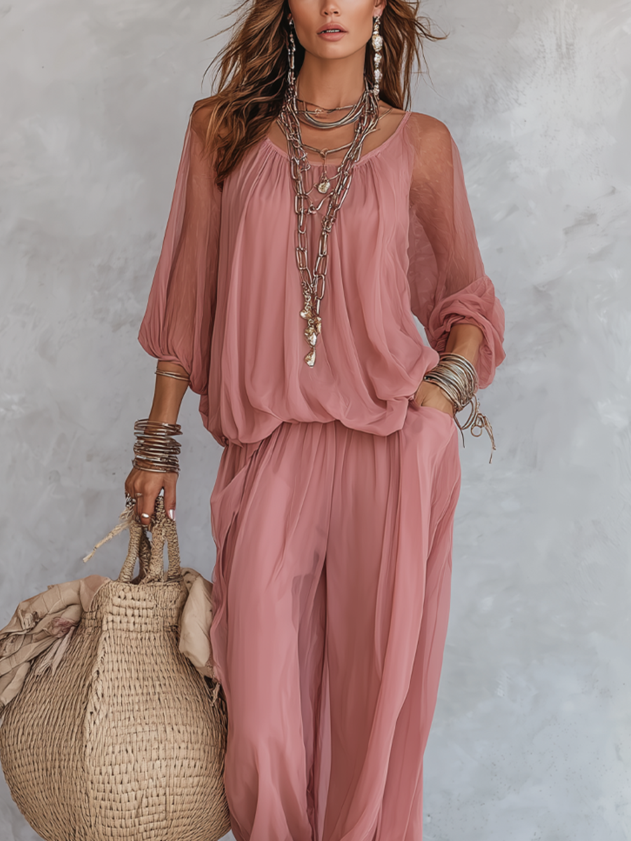 Elegant Light Rose Pink Flowy Top And Wide Leg Pants Set