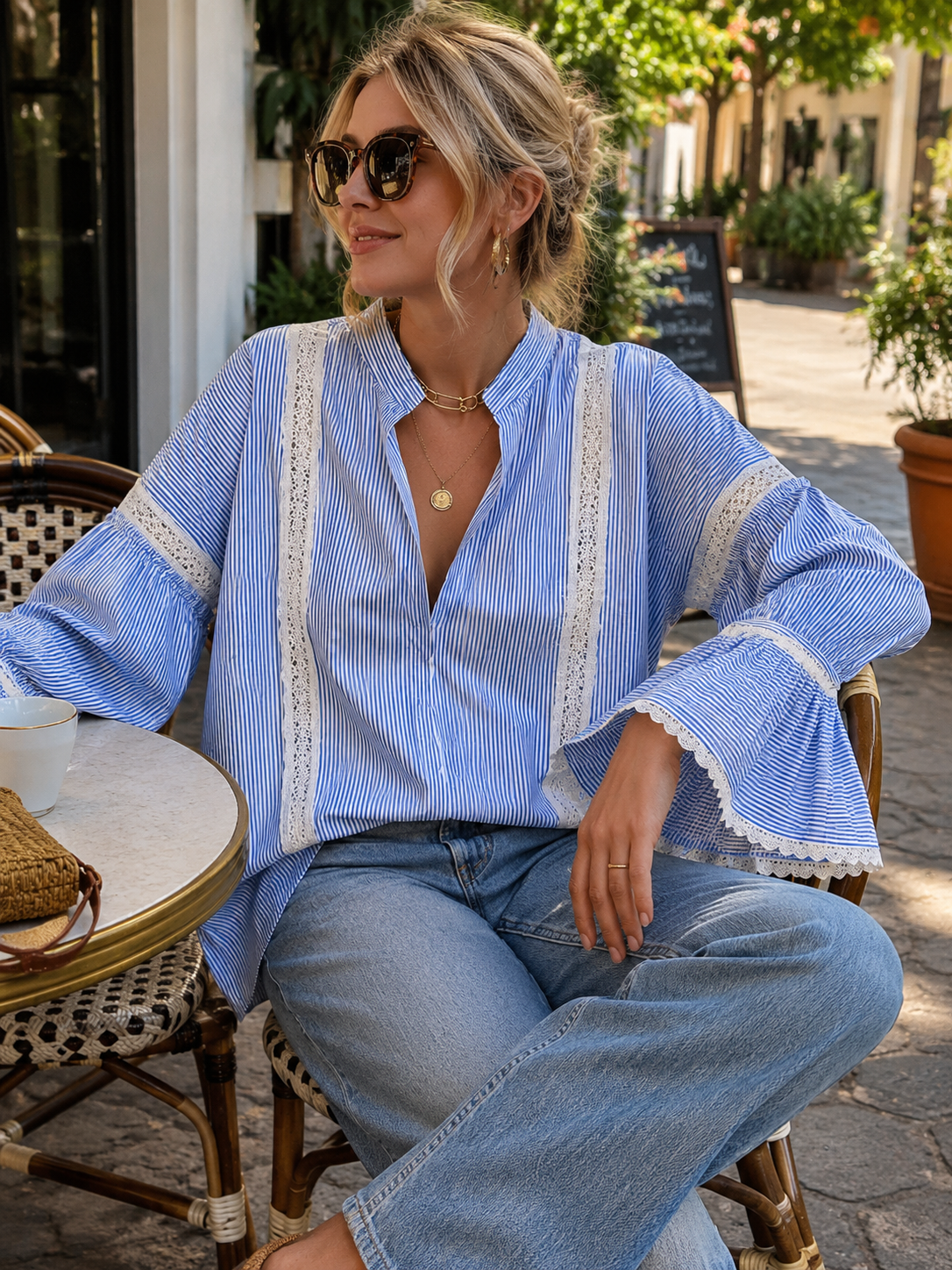 Chic Vertical-Stripe Crochet-Panel Blue Blouse