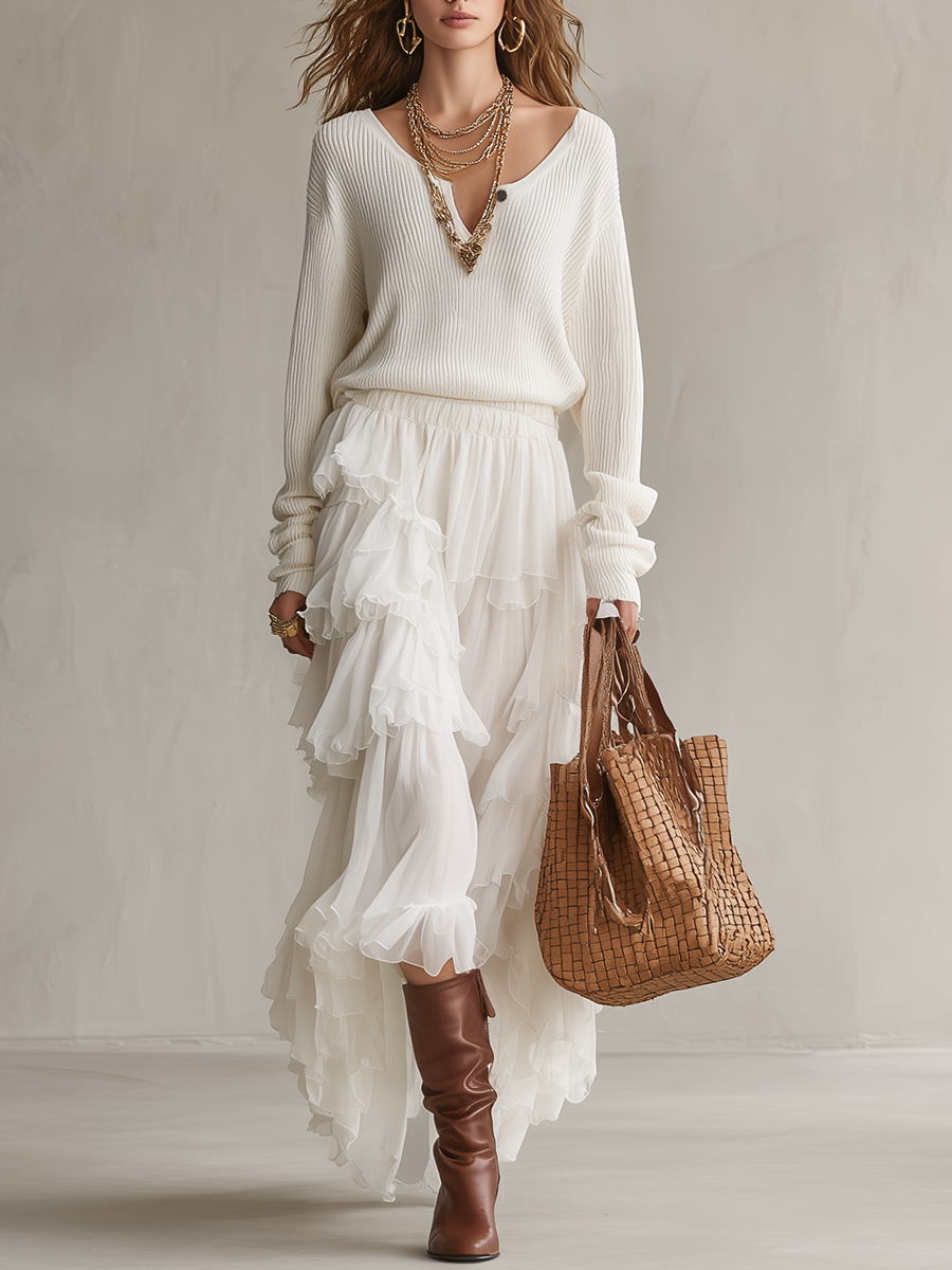 Relaxed Cream V-Neck Ribbed Knit Top & Tiered Chiffon Skirt Co-ord Set