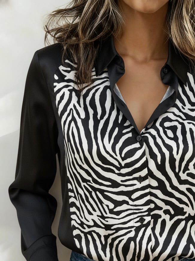 Women'S Casual V-Neck Zebra Print Faux Silk Shirt