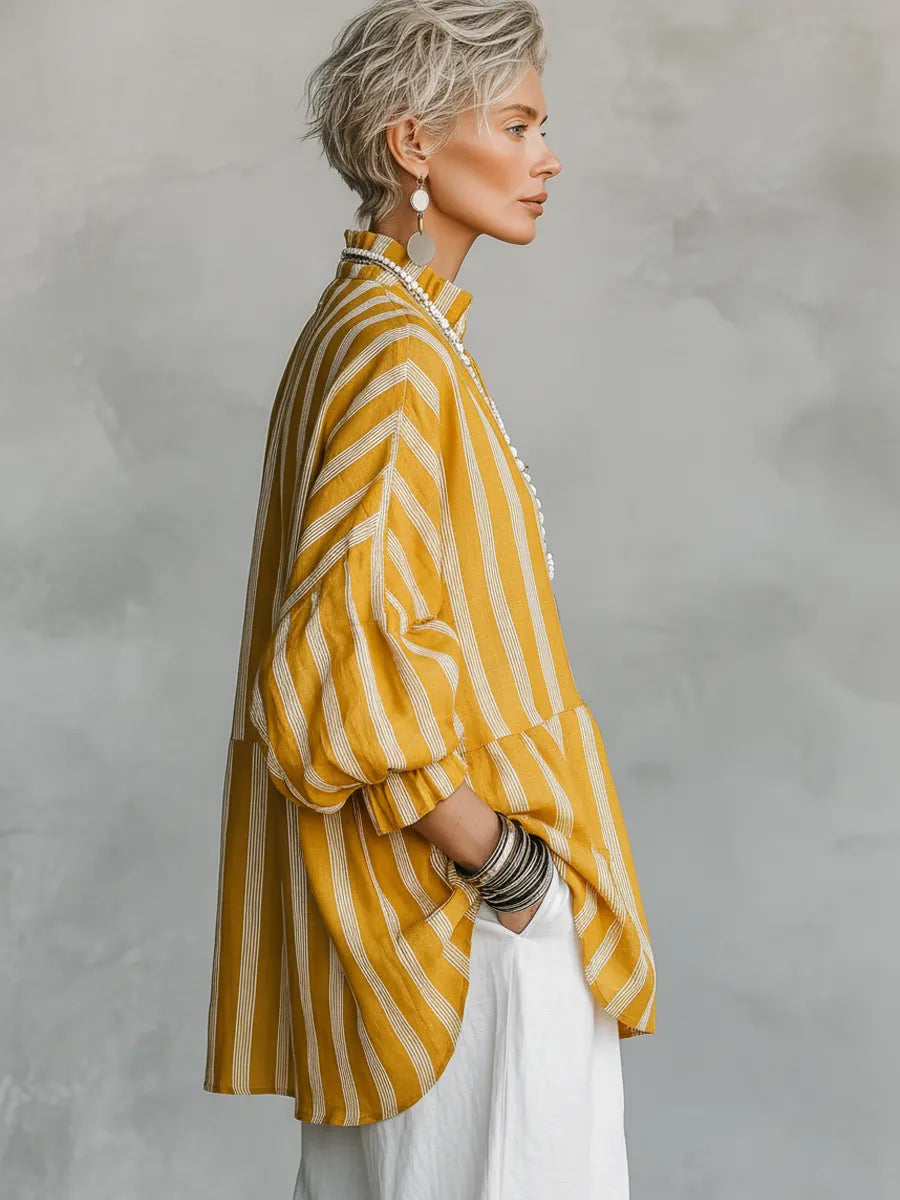 Women's Vintage Casual Linen Blend Vertical Stripes Mandarin Collar, and Lantern Sleeves Loose Blouse