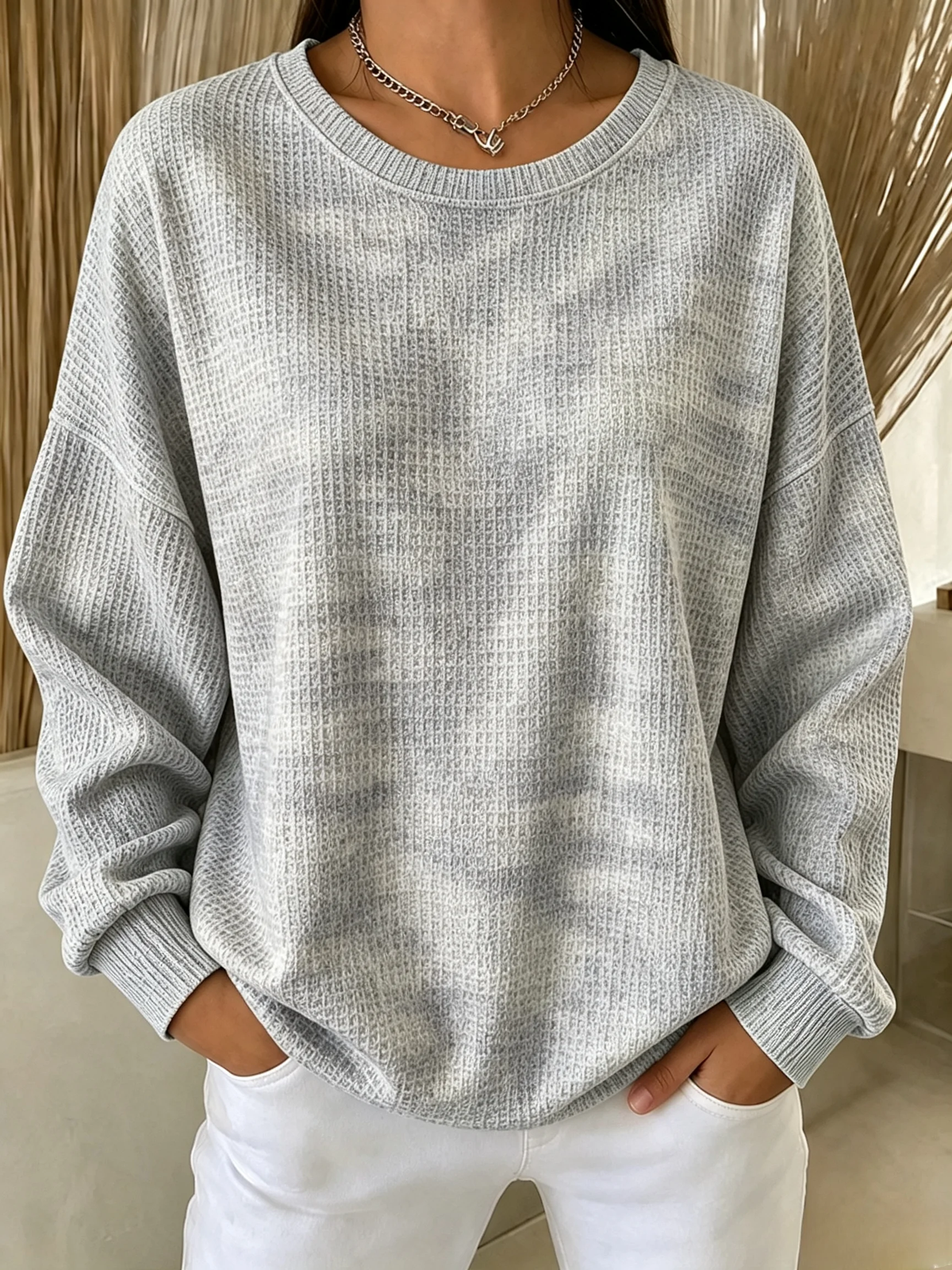 Women's Solid Waffle Knit Crew Neck Long Sleeve Oversized Sweatshirt