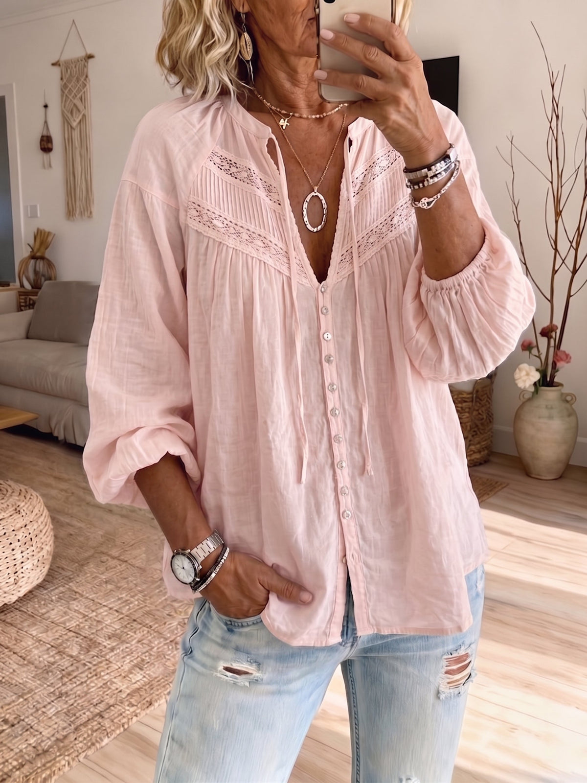Women's Vintage Art Print Casual Lace Edge Cotton And Linen Shirt