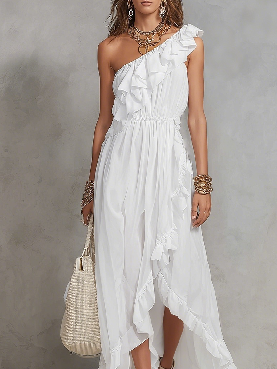 Bohemian White One Shoulder Ruffled Maxi Dress