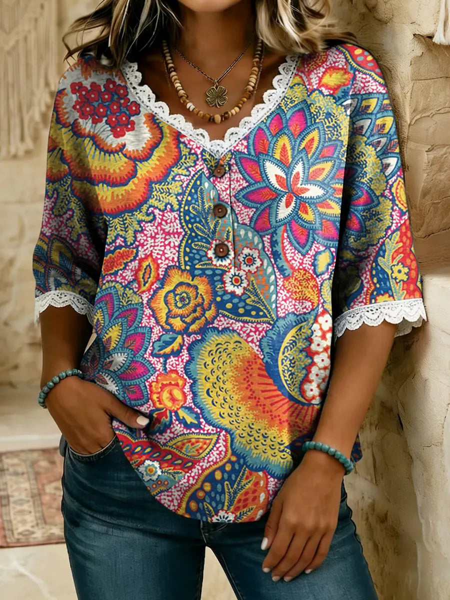Women's Colorful Ethnic Floral Print V-neck Cotton Top With Lace Trim
