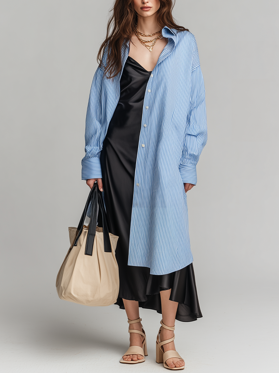 Effortless Striped Shirt Dress & Black Slip Dress Set