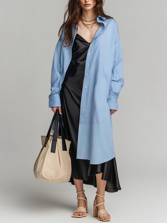Effortless Striped Shirt Dress & Black Slip Dress Set